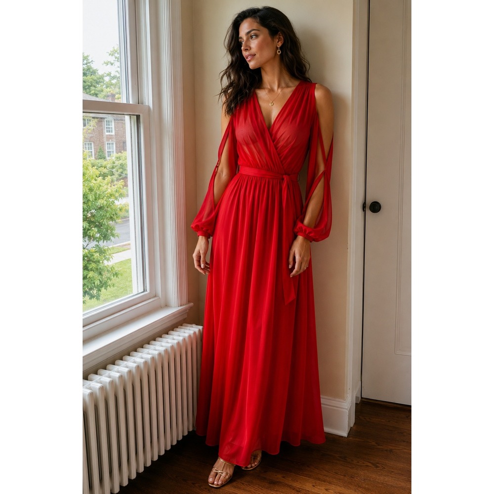 Ark & Co Red Chiffon Maxi Dress Long Sleeve Surplice V-Neck Medium Romantic Gown